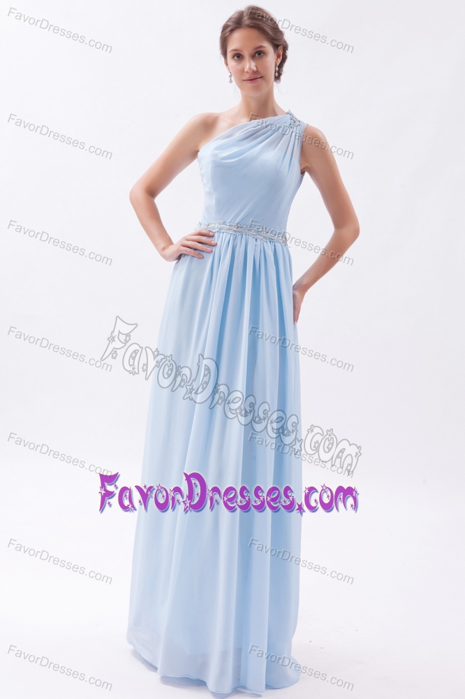 Light Blue Empire One Shoulder Chiffon Beaded Prom Dress on Wholesale Price