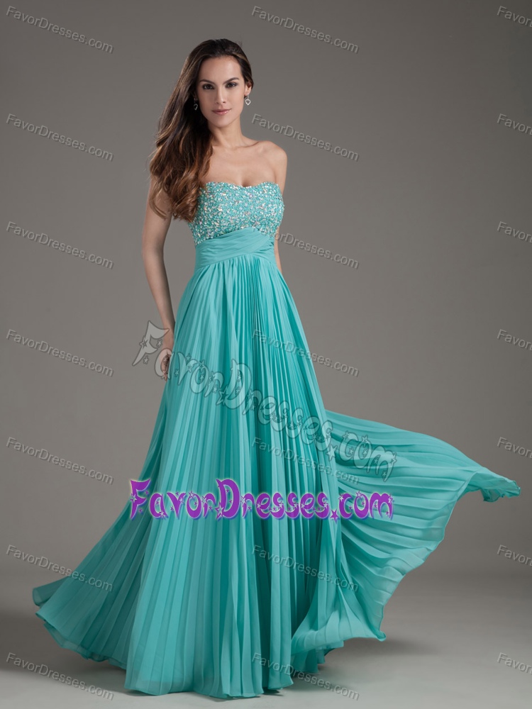 Turquoise Empire Beaded Strapless Long Holiday Dress for Prom with Pleats