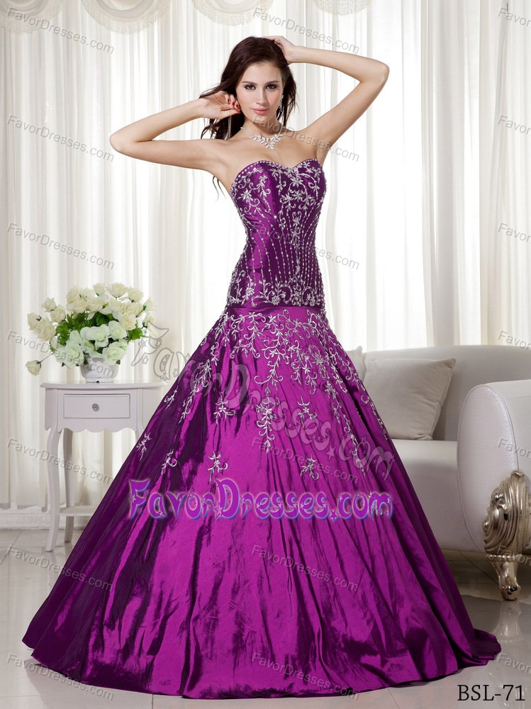 Fuchsia Beaded and Embroidery Princess Sweetheart Quinceanera Gown