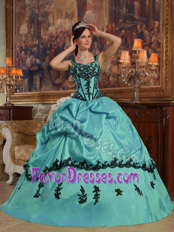Turquoise Ball Gown Straps Appliqued Quinceanera Formal Dress Made in Taffeta