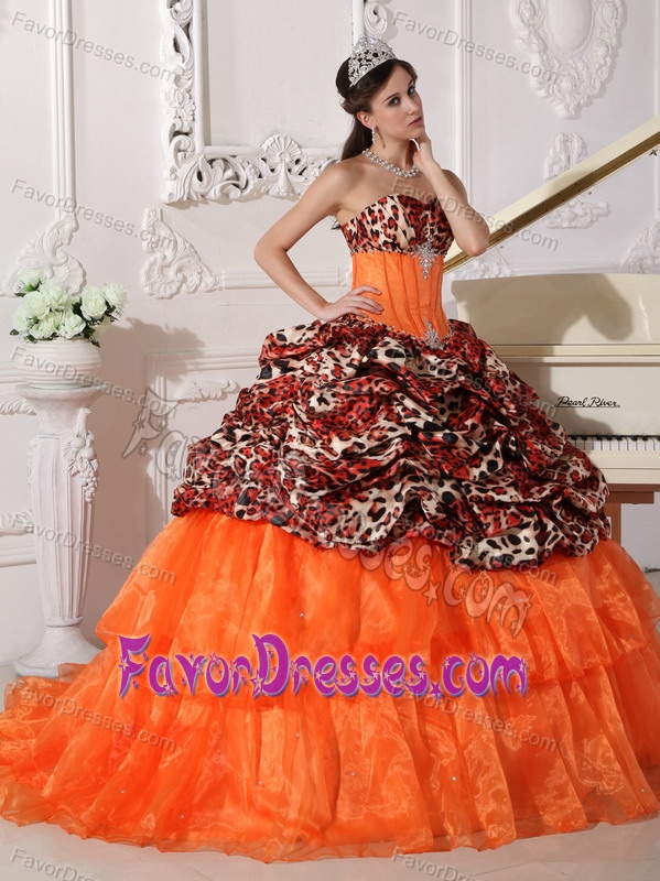 Orange Sweetheart Leopard and Organza Quinces Dress with Appliques
