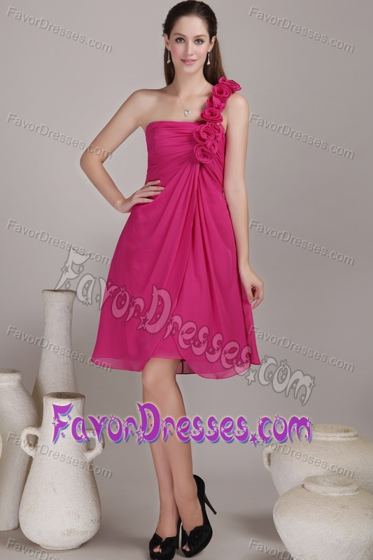 Hot Pink Empire One Shoulder Dresses for Damas in Chiffon with Flowers