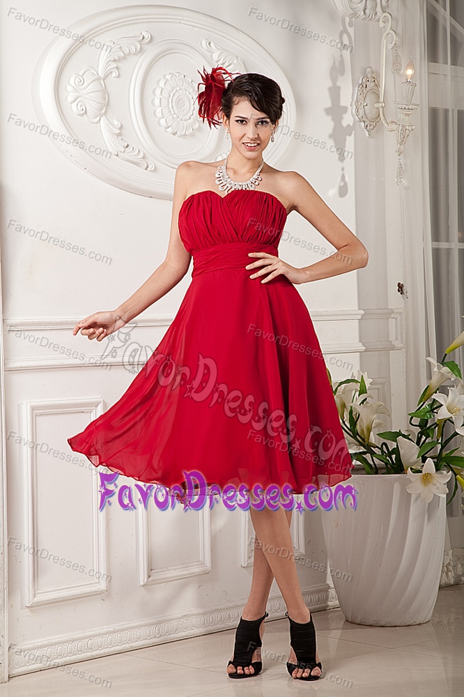 Red Princess Sweetheart Dama Dress to Knee-length in Chiffon with Ruche