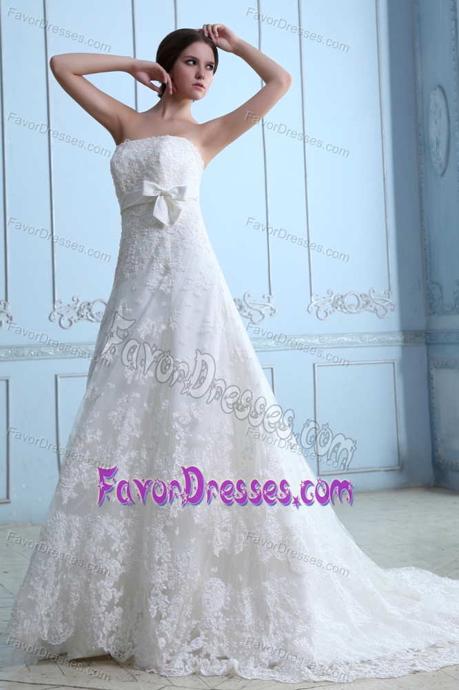 Strapless Court Train White Lace Dresses for Beach Wedding with Sash and Bow
