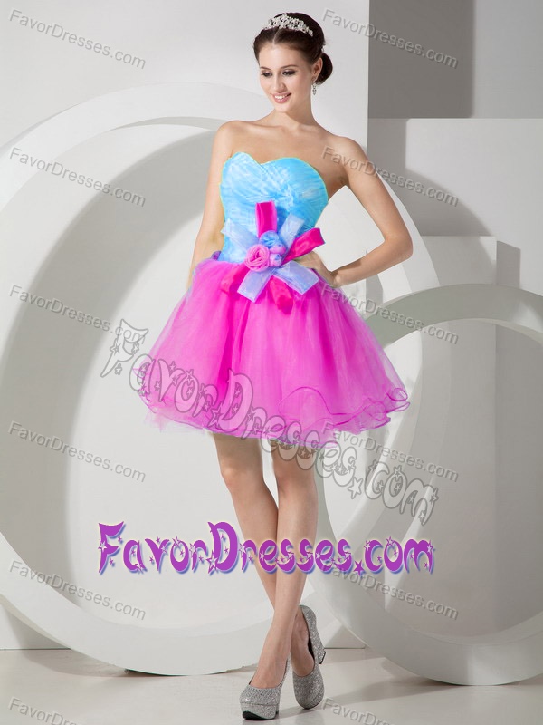 Baby Blue and Hot Pink Mini-length Prom Dress in Organza with Hand Flowers