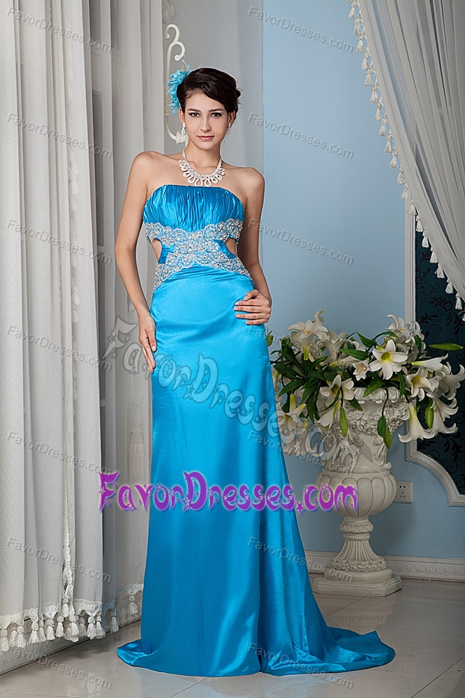 Formal Teal Sheath Strapless Prom Dresses with Cool Back and Appliques