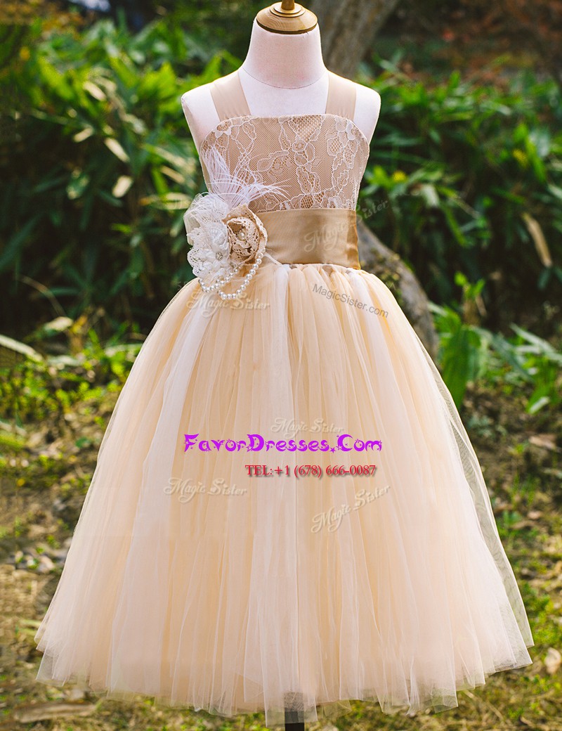  Champagne Straps Lace Up Lace Flower Girl Dresses Sleeveless