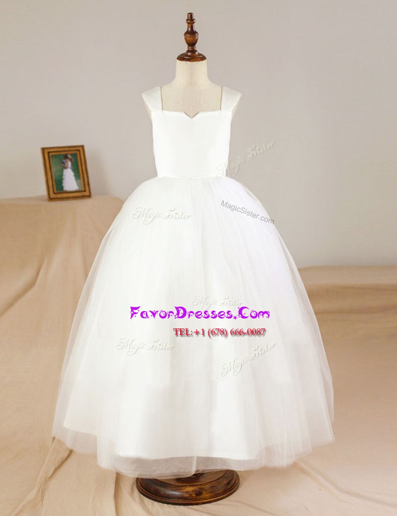 Flare Floor Length A-line Sleeveless White Flower Girl Dress Zipper