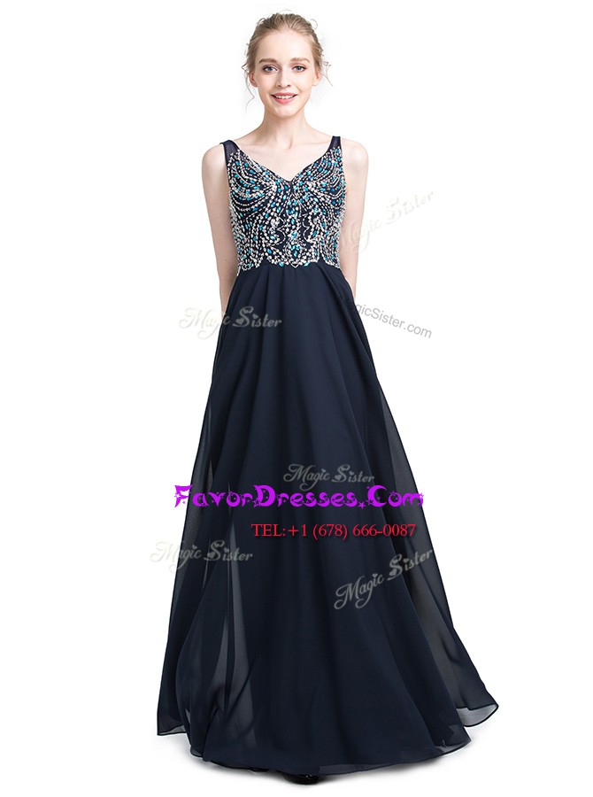 Excellent V-neck Sleeveless Prom Dress Floor Length Beading Black Chiffon