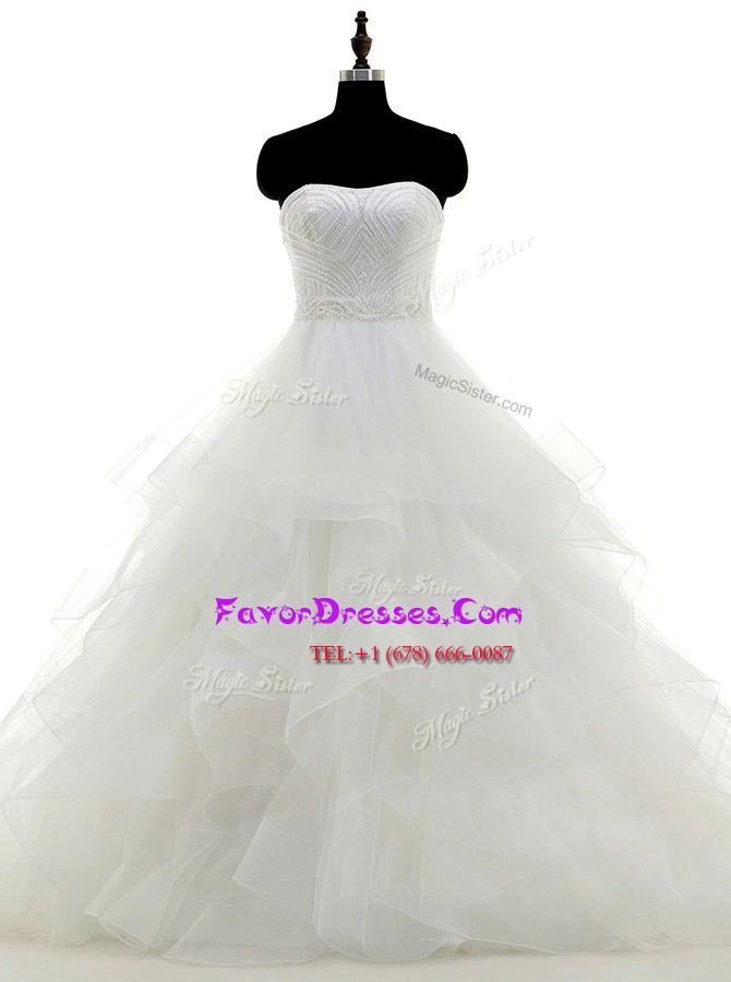 Custom Designed Organza Strapless Sleeveless Clasp Handle Beading and Ruffles Wedding Dress in White