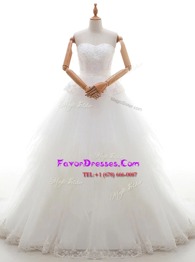  Sleeveless With Train Lace Zipper Wedding Gown with White Court Train
