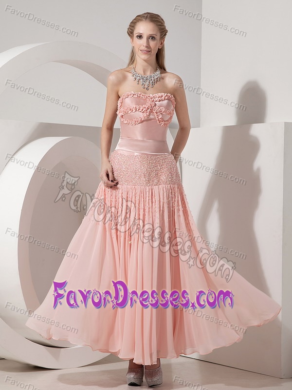 Strapless Ankle-length Beading Prom Dresses for Anniversary in Light Pink