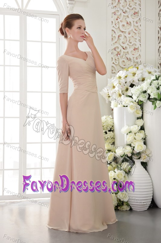 Sexy Champagne Column V-neck Floor length Chiffon Prom Dress with Beading