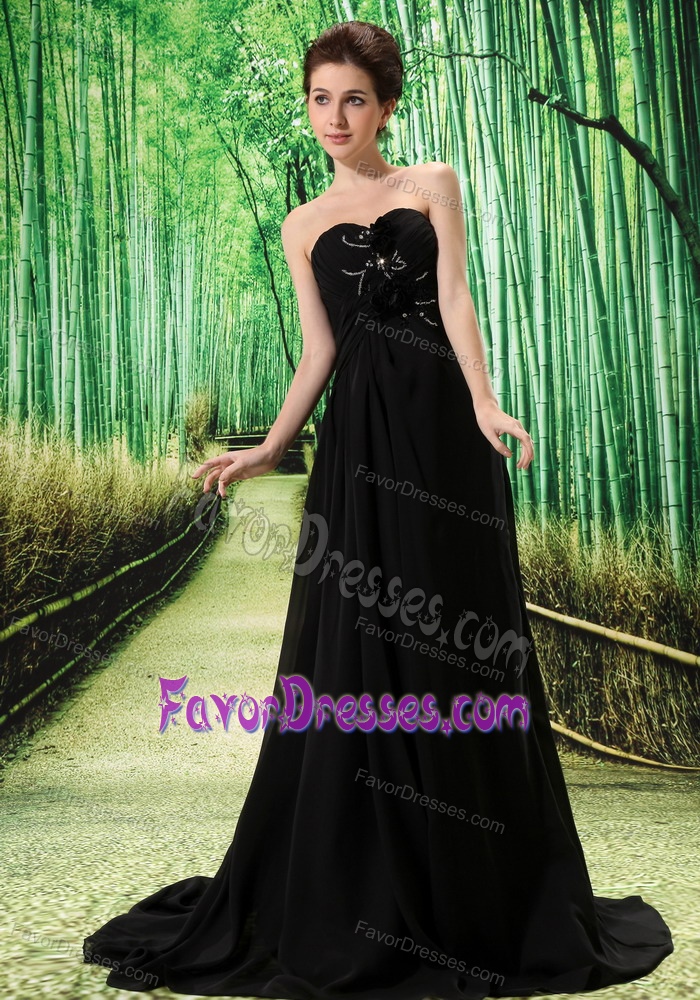 Black Stylish El Tigre Prom Dress with Hand Made Flower and Ruching For 2013