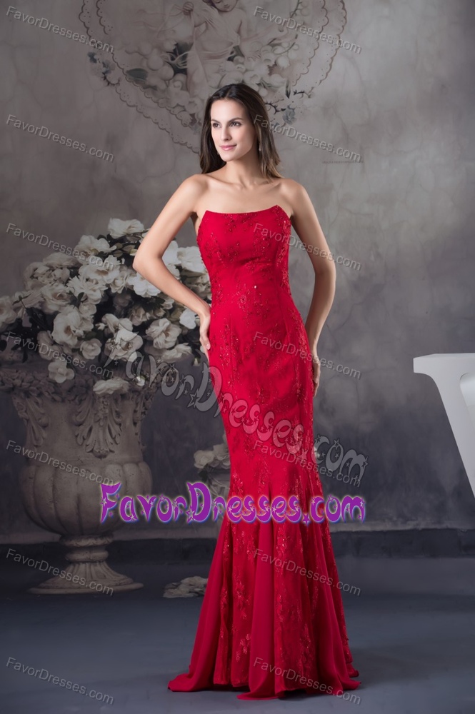Strapless Beaded Red Long Prom Formal Dress with Lace Accent