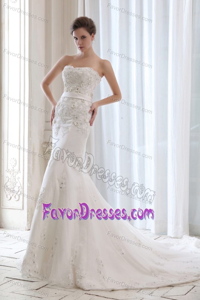 Best Mermaid Strapless Prom Wedding Dress with Appliques and Chapel Train