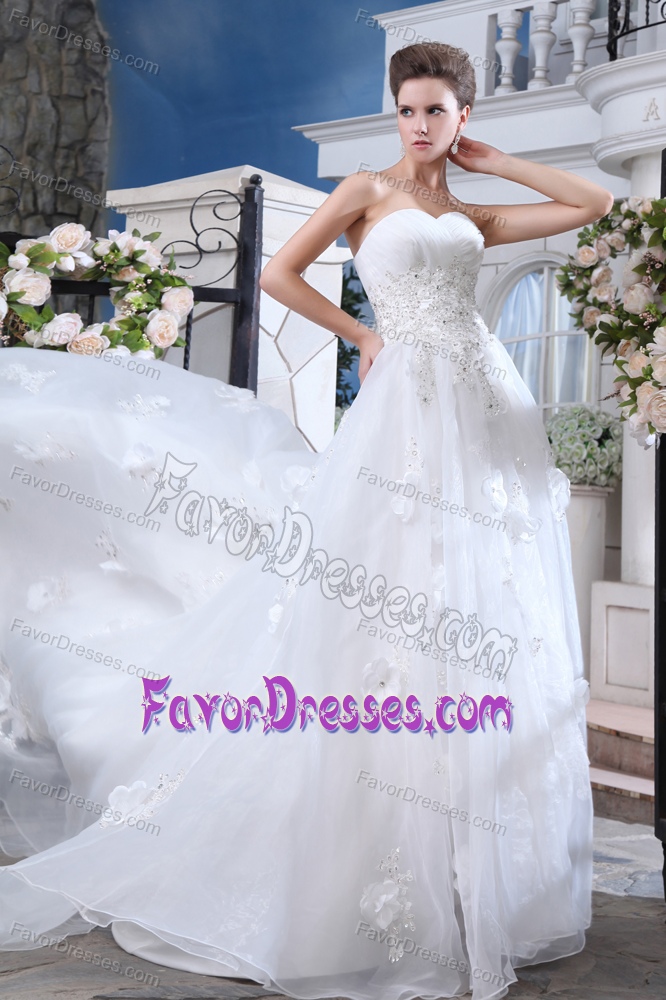 Sweetheart Sweep Train Women Wedding Dresses with Appliques in Chiffon