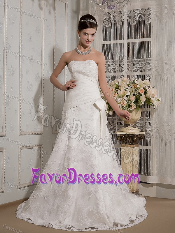Affordable Strapless Prom Wedding Dresses with Ruches and Bowknot