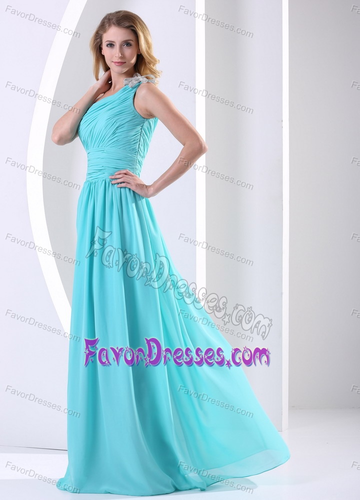 One Shoulder Long Aqua Blue Ruched Chiffon Evening Dress for Cheap