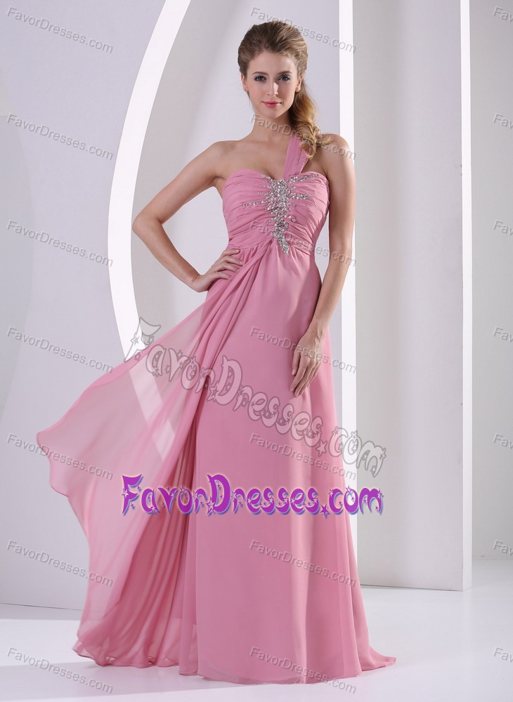 Latest Rose Pink One Shoulder Chiffon Evening Cocktail Dress with Beads