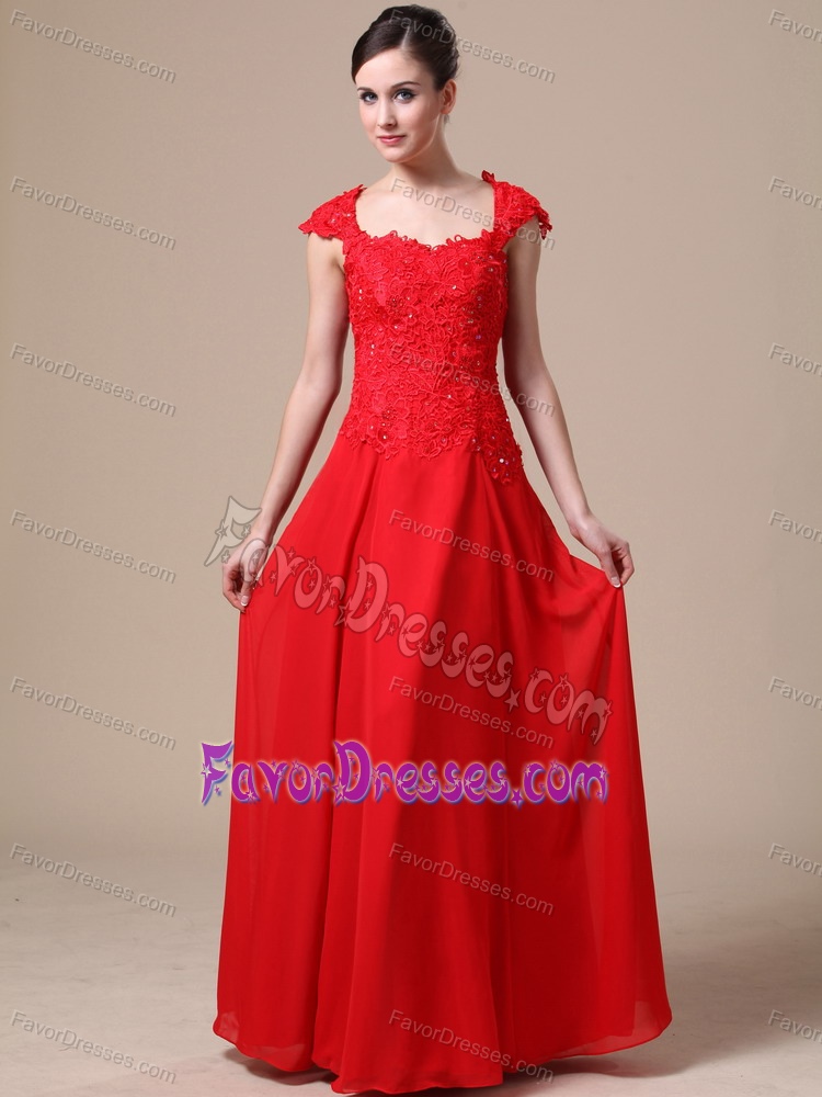 Top Lace Chiffon Red Maxi Evening Dresses to Floor with Square Neckline