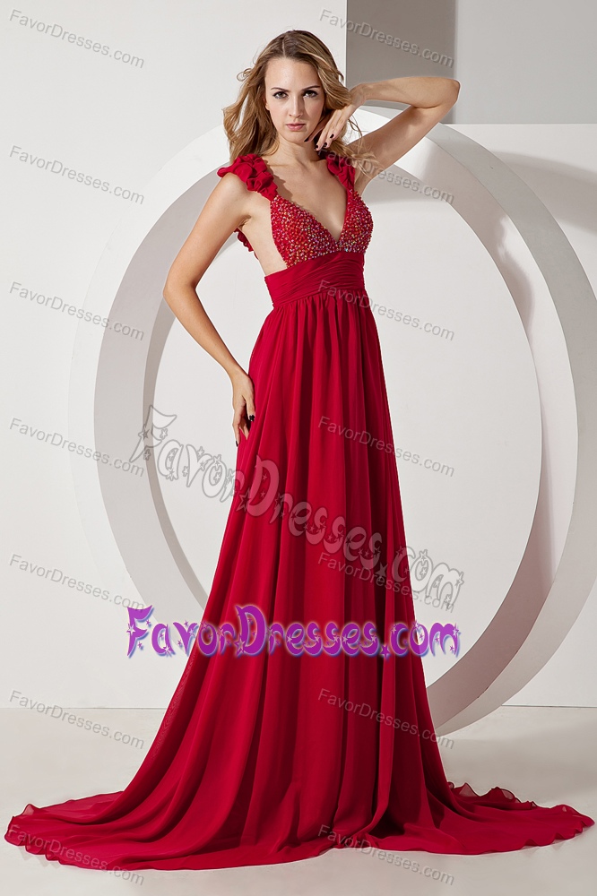 Luxurious Wine Red Chiffon Evening Cocktail Dress with