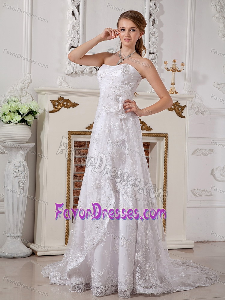 White Strapless Column Lace Wedding Dresses with Flower for Cheap