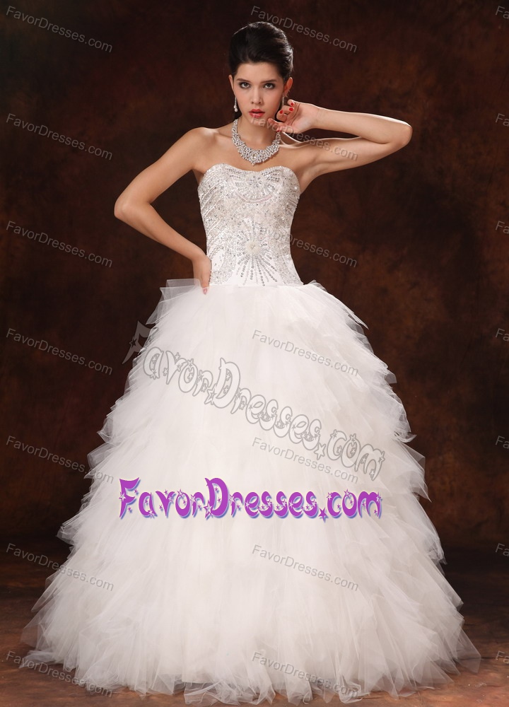 Sweetheart Long Princess White Tulle Beaded Wedding Dress with Ruffles