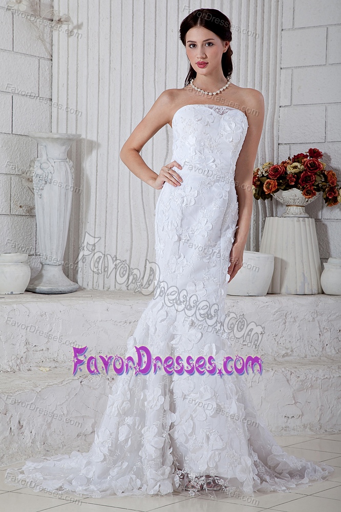 White Mermaid Strapless Special Fabric Wedding Dress with Flowers