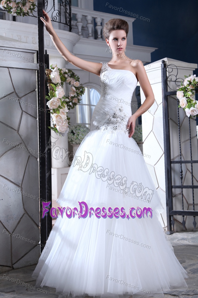 White Long One Shoulder Tulle Wedding Dress with Ruching and Appliques