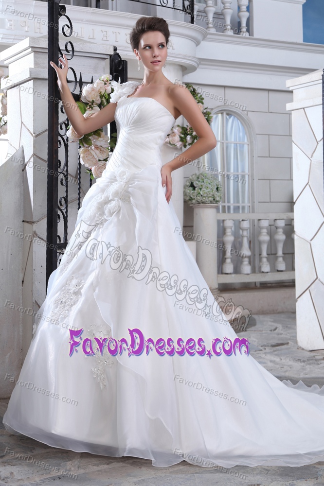 One Shoulder White Organza Wedding Dress with Flowers and Ruching