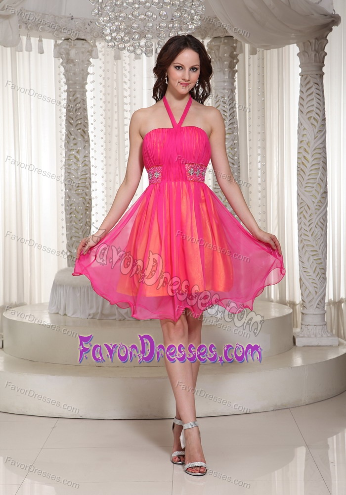 Charming Halter Top Organza Short Pageant Graduation Dresses in Hot Pink