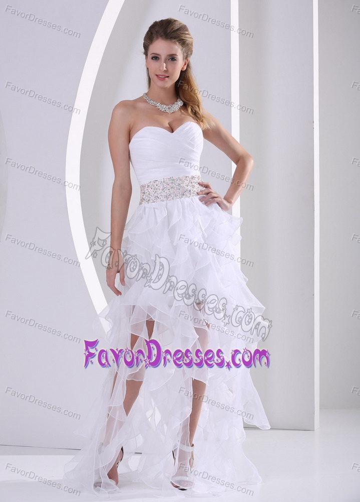 White Tony Beaded Sash Dress for Prom with Beads and Ruche in Chiffon
