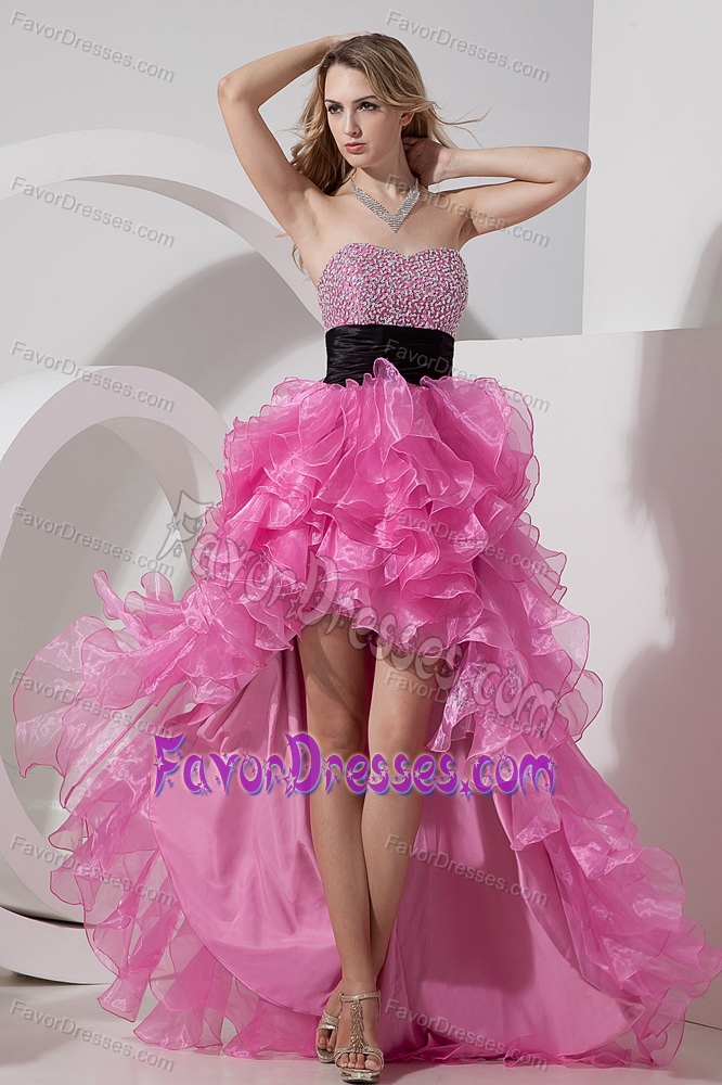 Rose Pink Beaded Prom Dresswith Ruffles and Black Sash in Organza