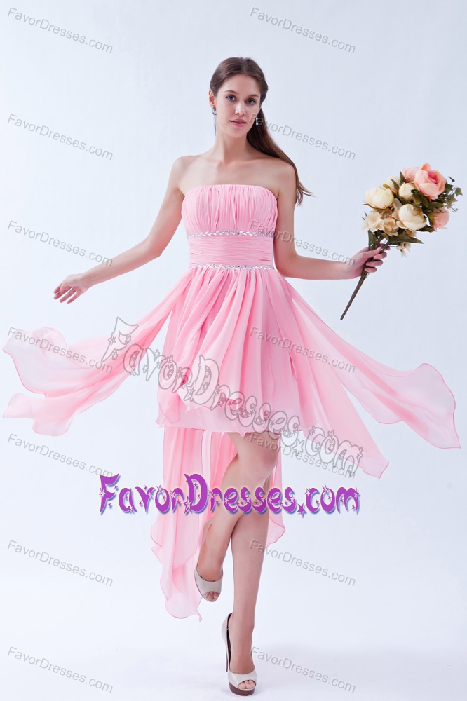Pink Empire Strapless Dress for Prom in Chiffon with Beadings and Ruches