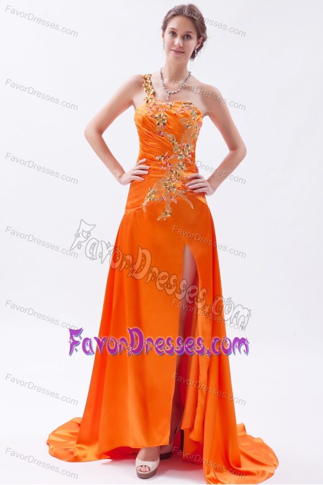 Orange One Shoulder Prom Dresses with Embroidery and High Slit in Taffeta