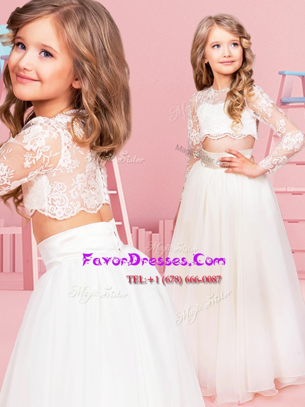 Exquisite White Scoop Clasp Handle Lace Flower Girl Dresses Long Sleeves