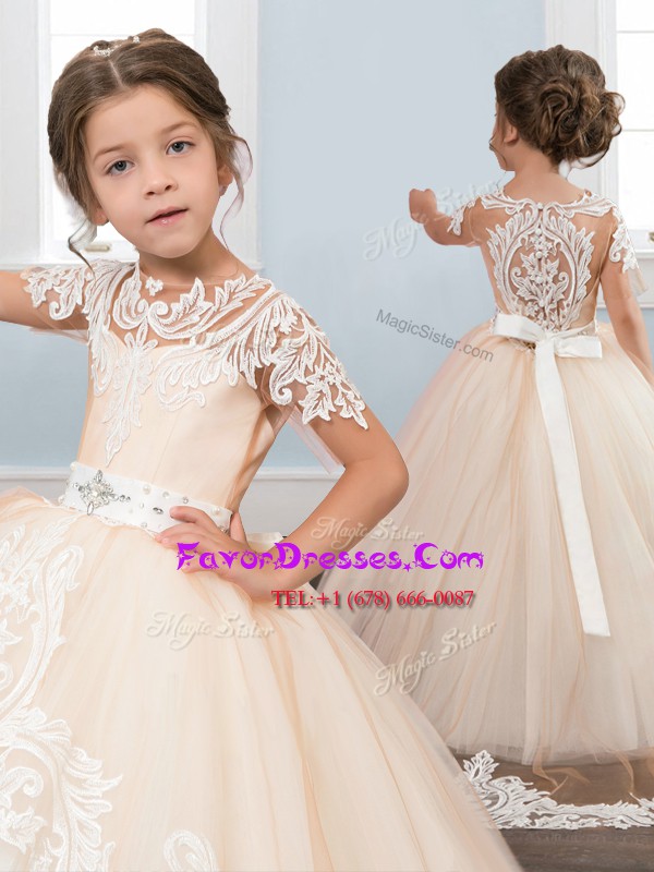 Glittering White Scoop Neckline Appliques and Sashes ribbons Child Pageant Dress Short Sleeves Zipper