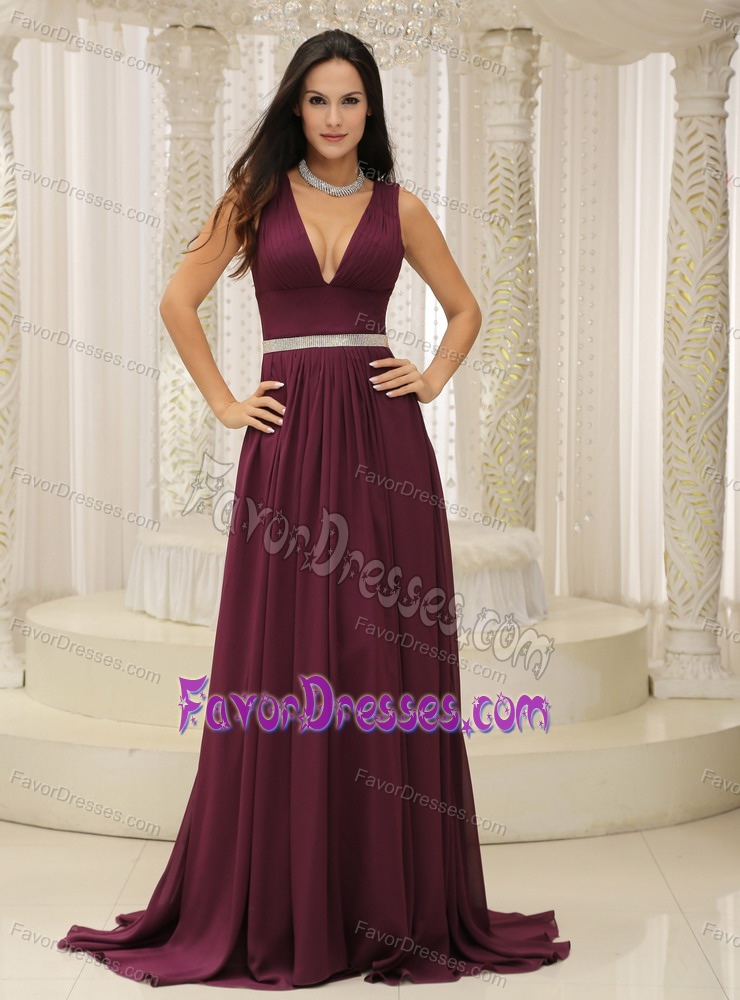 Cheap Plunging Neckline Dark Purple Holiday Dress with Silver Belt