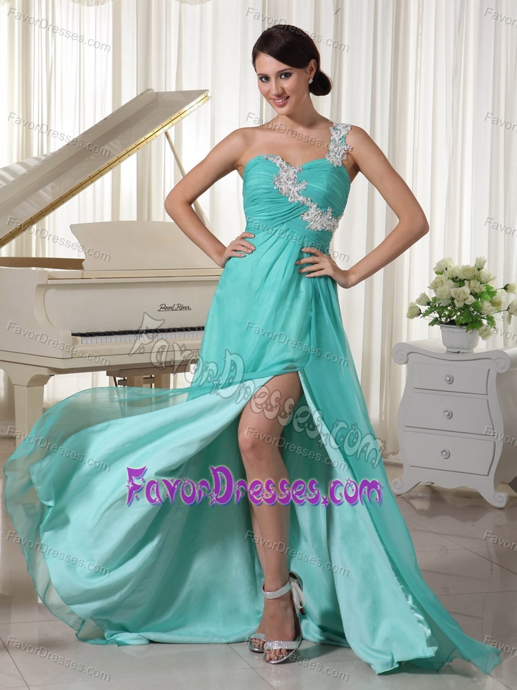 One Shoulder Slitted Turquoise Ruched Holiday Dress with Appliques