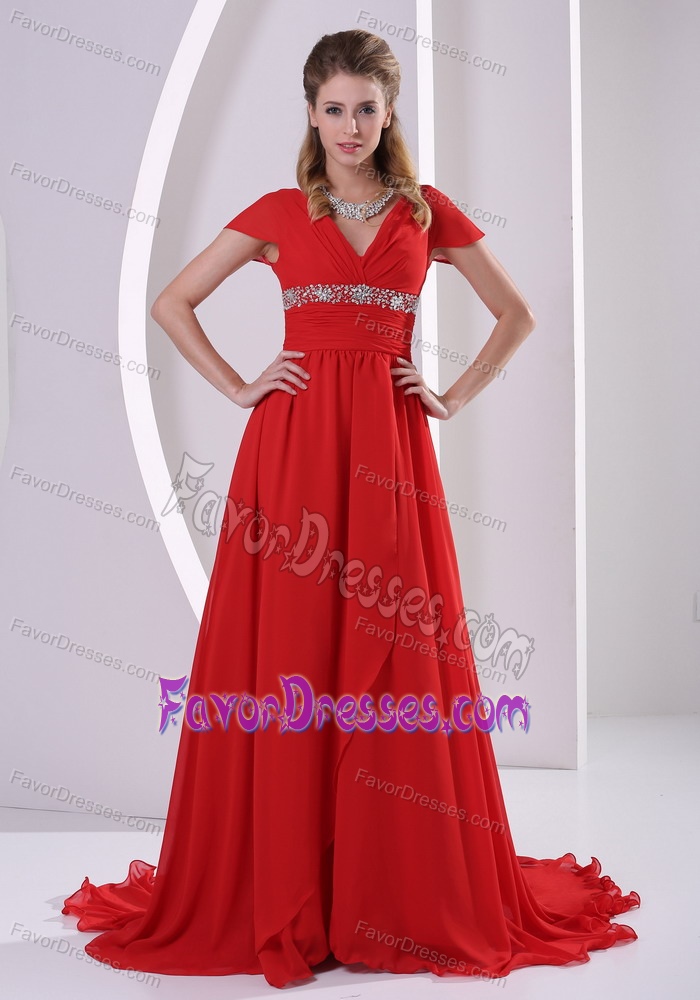 Red Beaded V-neck Chiffon Holiday Dress with Cap Sleeves Court Train