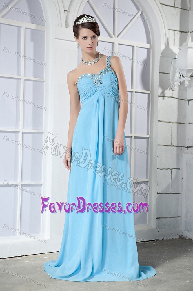 Blue Empire One Shoulder Chiffon Beaded and Ruched Holiday Dress
