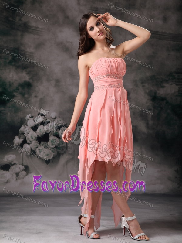 Strapless Peach Asymmetrical Ruched Homecoming Party Dress with Beading