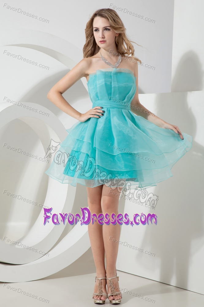 Aqua Blue Strapless Mini-length Layered Organza Homecoming Dress for Junior