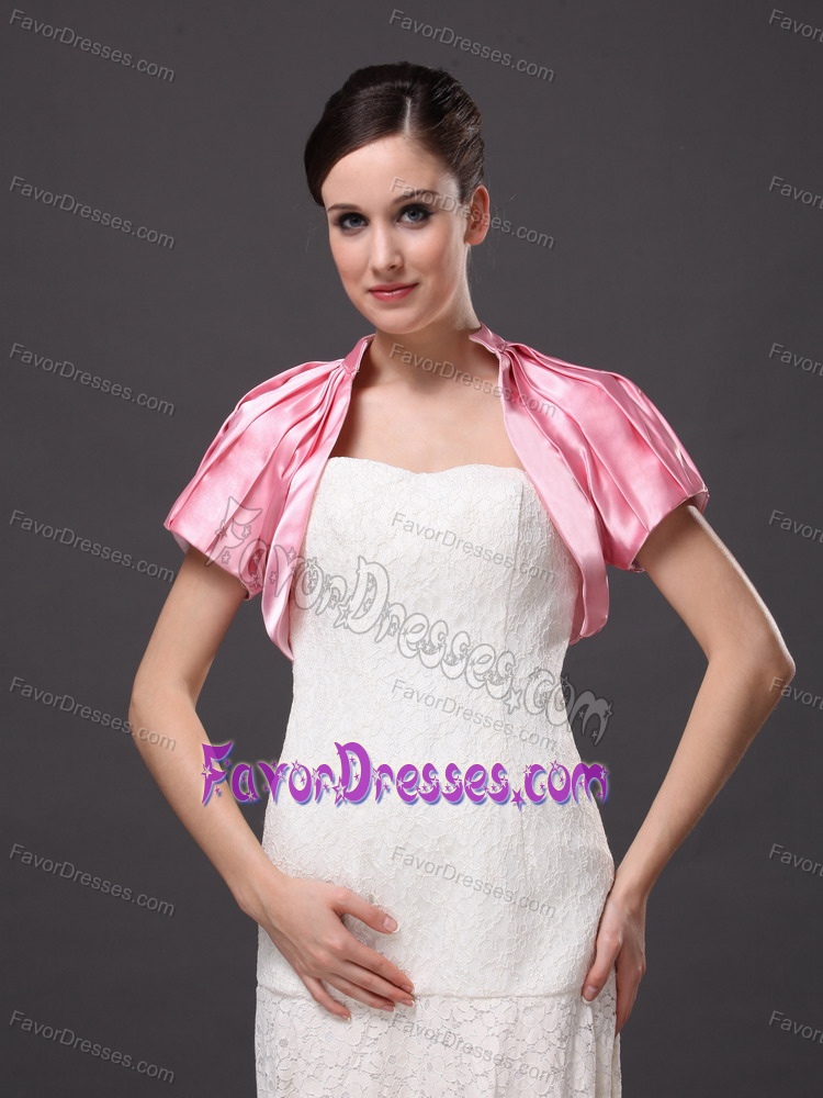 High-neck Satin Rose Pink Short Sleeves Jacket For Other Formal Occasions With Ruch Decorate