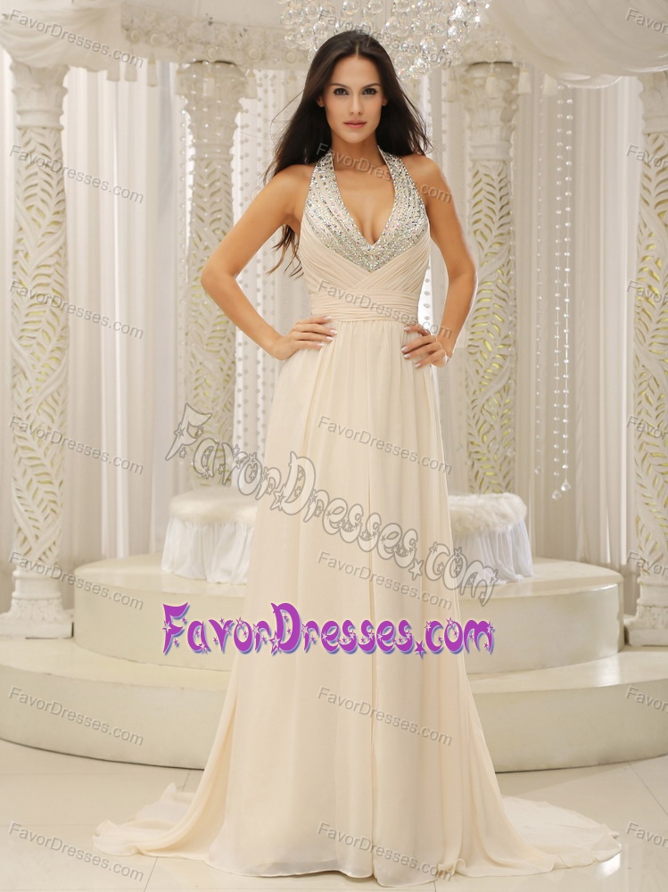 Champagne V-neck Halter Ruched Chiffon Prom Dress with Beading