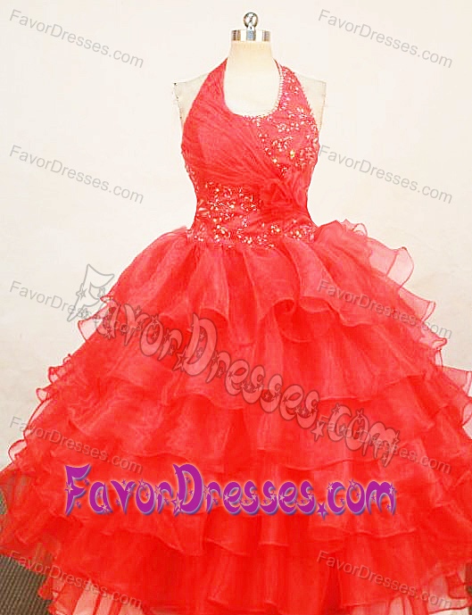Beaded Red Halter Top Organza Little Girl Pageant Dresses with Ruffles in 2014