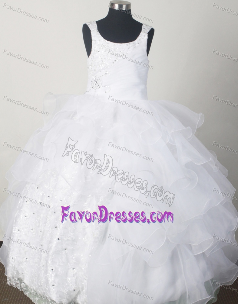2014 Gorgeous White Little Girl Pageant Formal with Beading and Ruffled Layers
