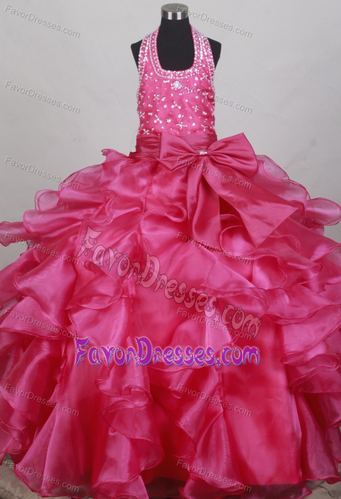 Bright Halter Beaded Flower Girl Pageant Dress with Ruffled Layers on Promotion