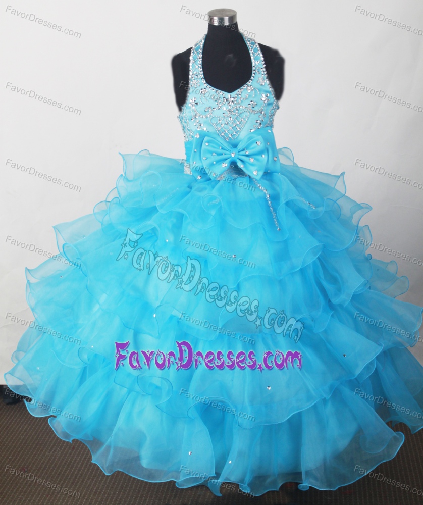 Aqua Blue Beaded Little Girl Pageant Dresses with Bowknot and Ruffled Layers